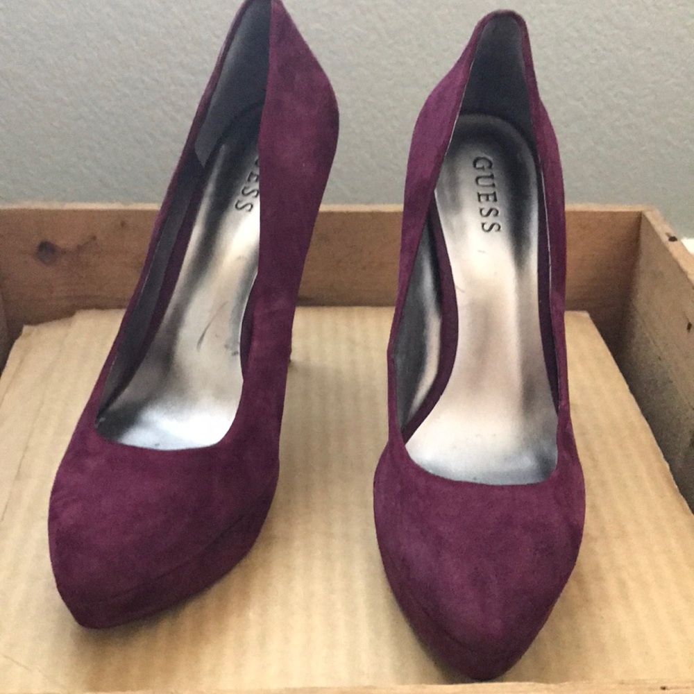 Merlot suede Guess platform 10
