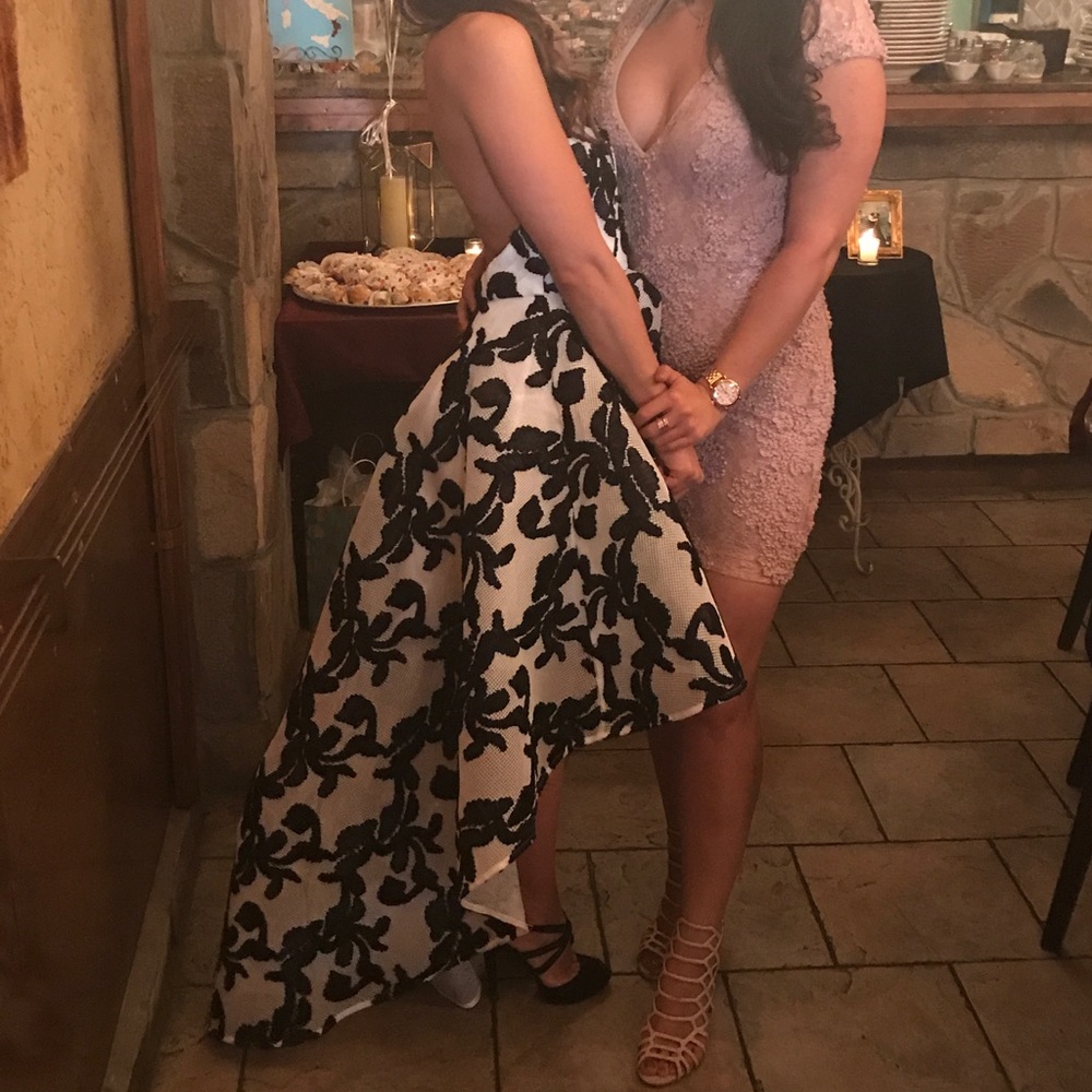 Black and white hi-low cascading dress