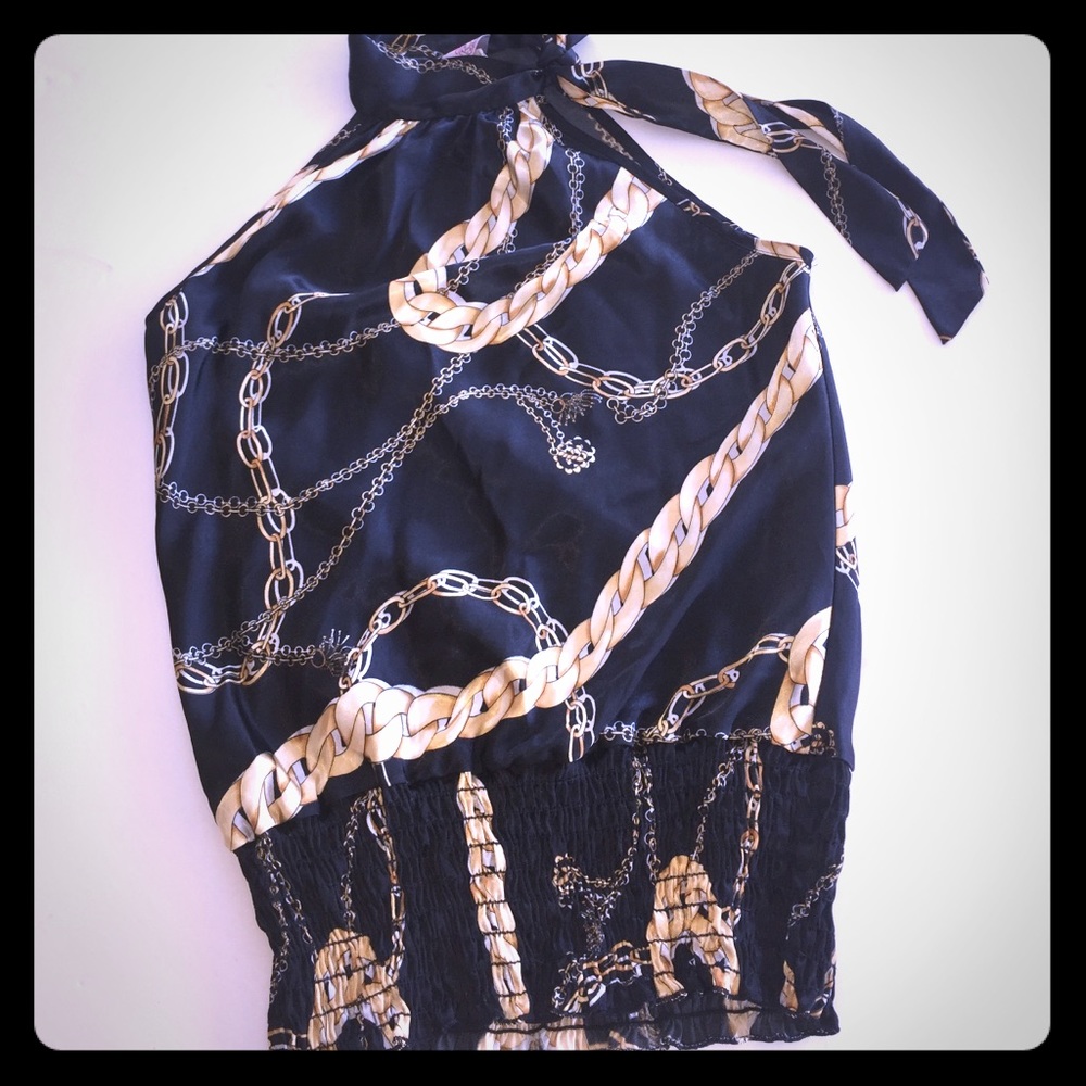 Halter blouse with neck tie gold black medium