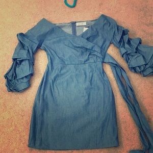 Denim color ruffle sleeve dress