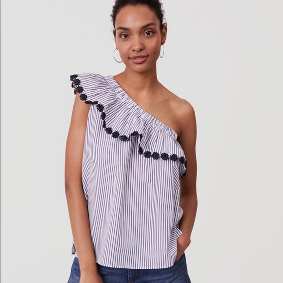 LOFT Tops - LOFT Floral Lace Striped One Shoulder Top