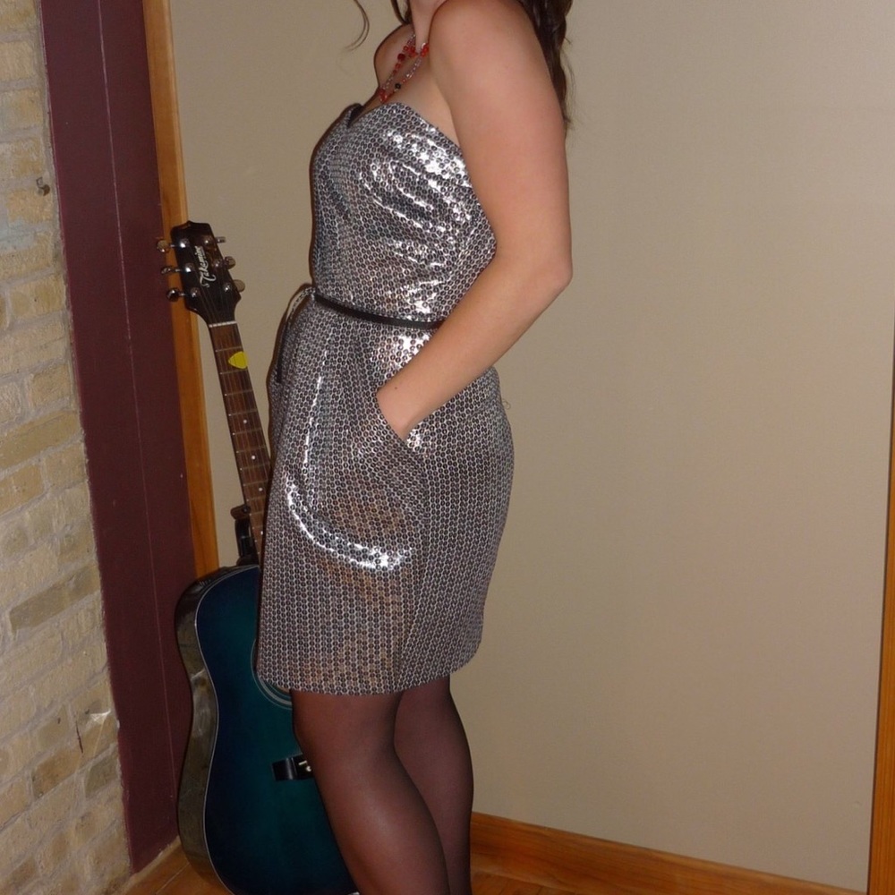 Silver Strapless Cocktail Dress with Belt/Pockets