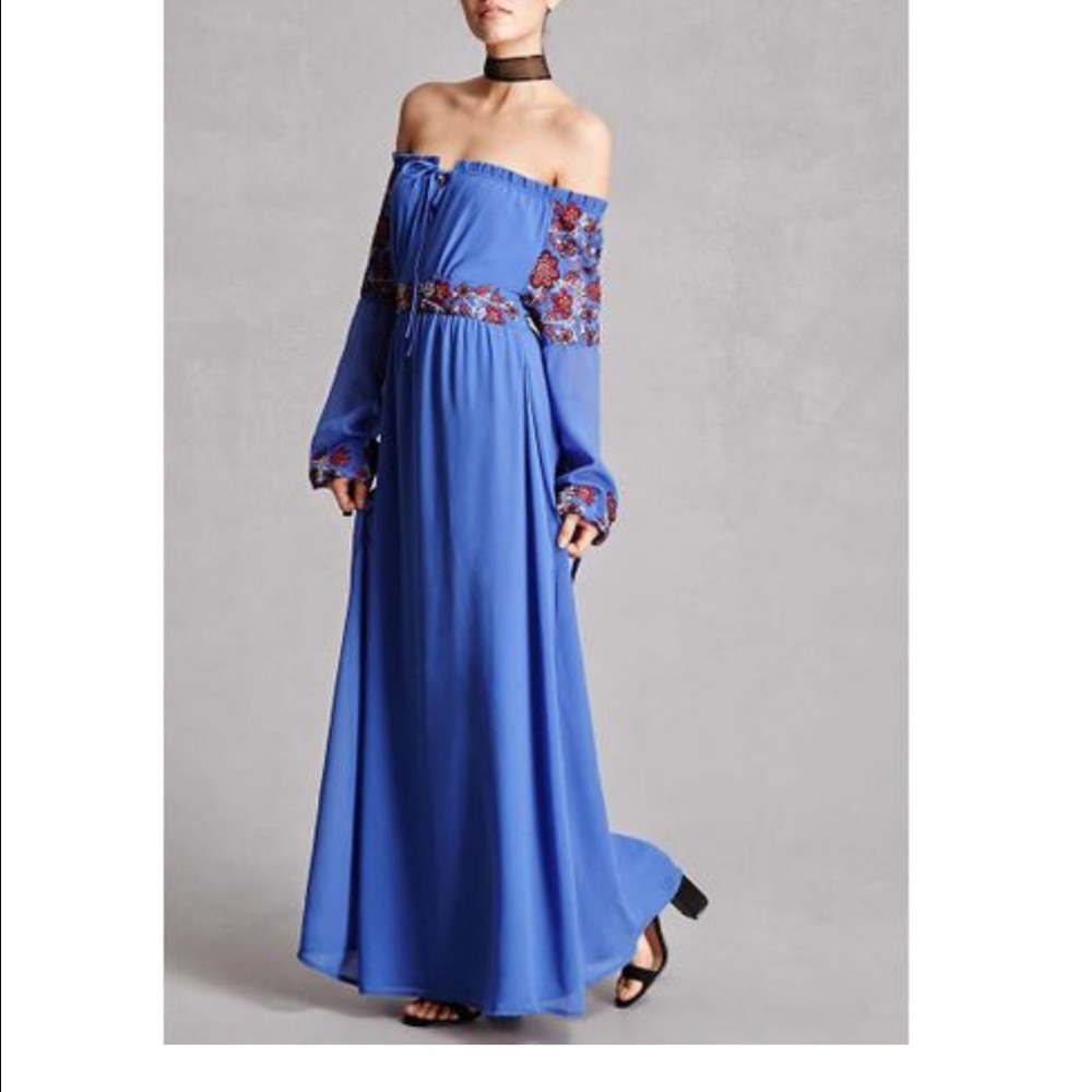Blue embroidered off the shoulder maxi