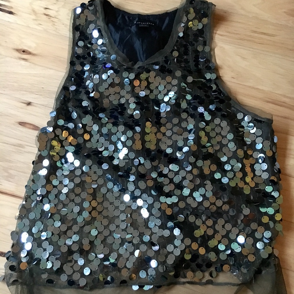 Sequin/Mesh Olive, Black and Metallic Tank