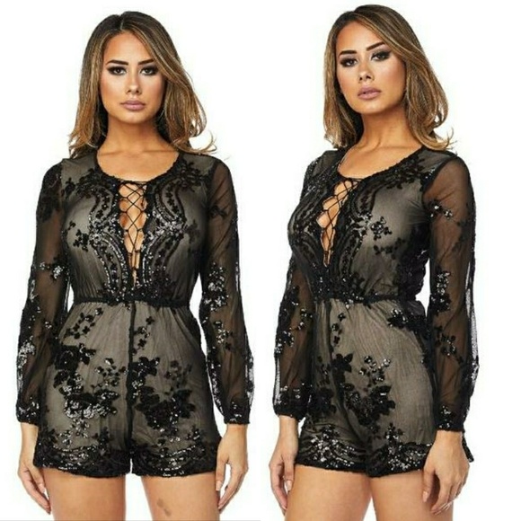Black Sequin Mesh Romper - Picture 2 of 3