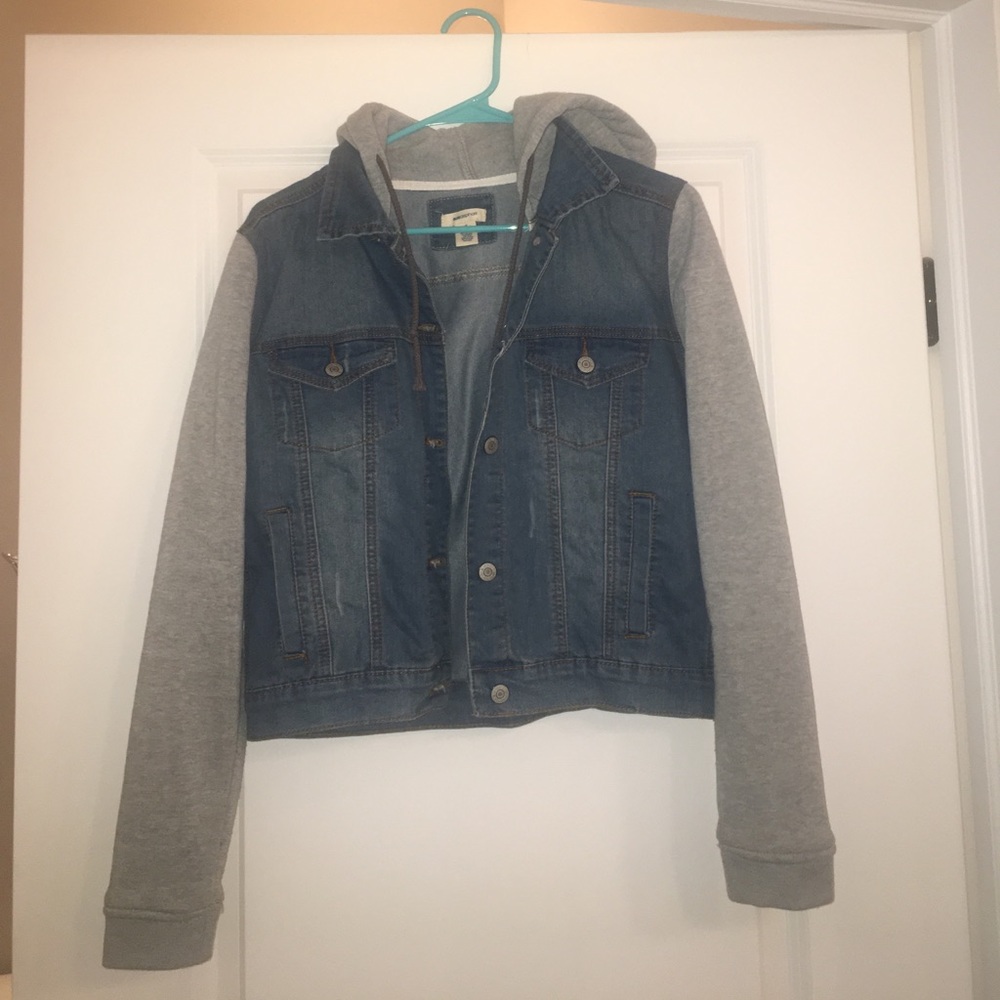 Denim Jacket with Gray Sleeves & Hood