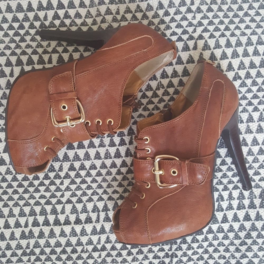 Cognac Lace-Up High Heel Ankle Booties