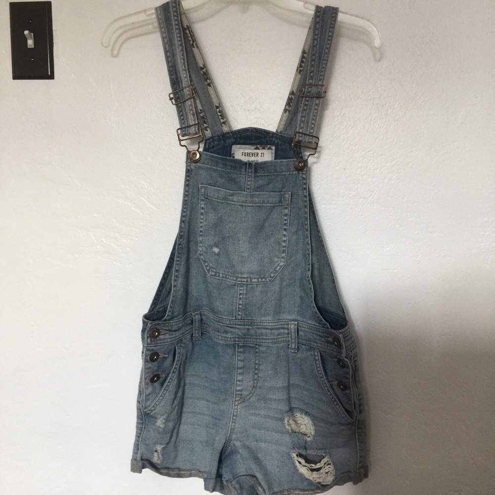 Distressed overall shorts
