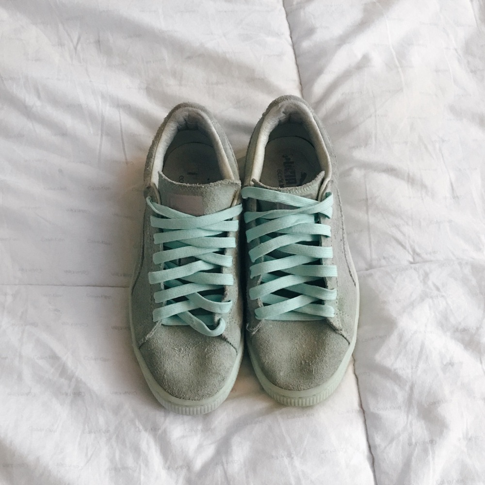 light green suede pumas