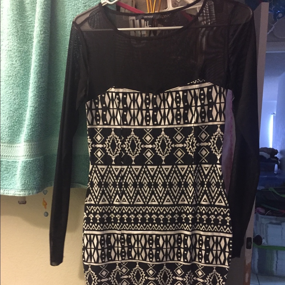 Black/white mesh tribal print dress
