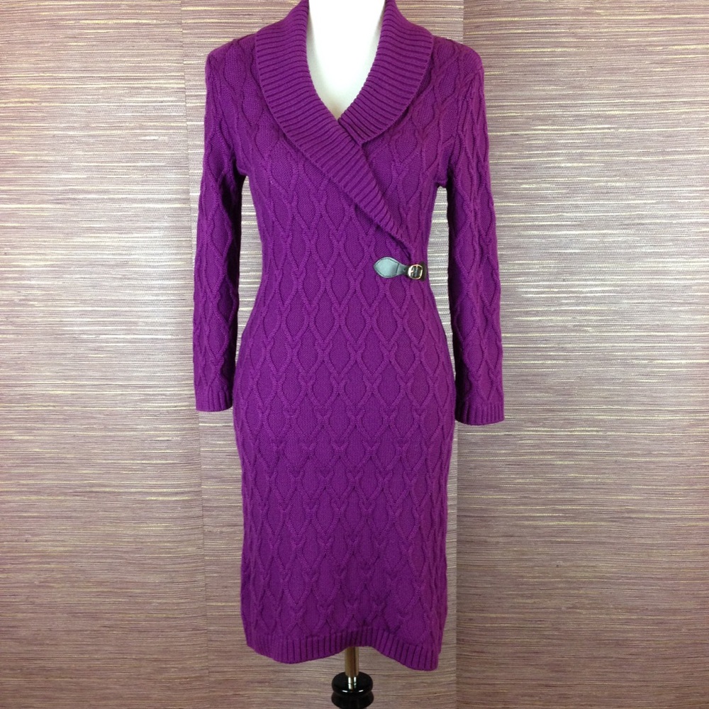 Calvin Klein Purple Shawl-Collar Sweater Dress