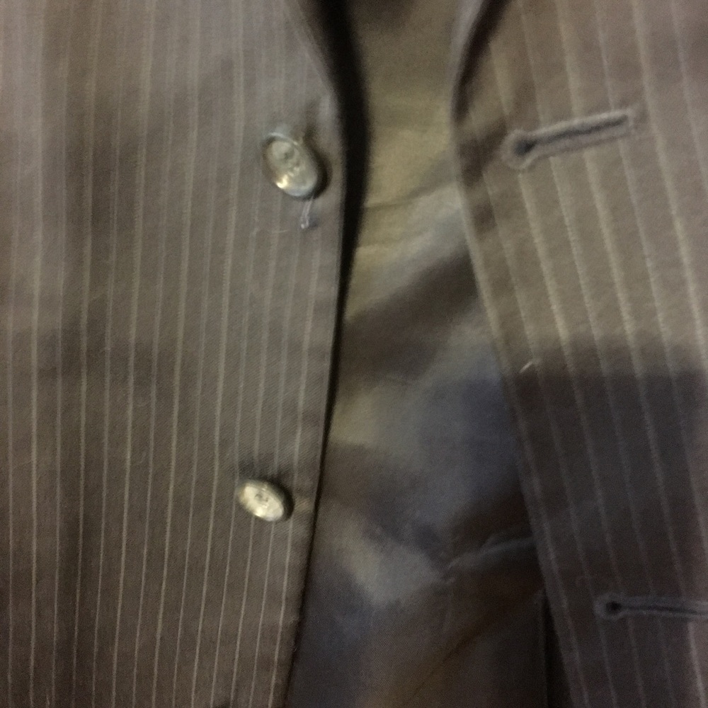 Men's navy and grey pin stripe blazer/suit jacket.
