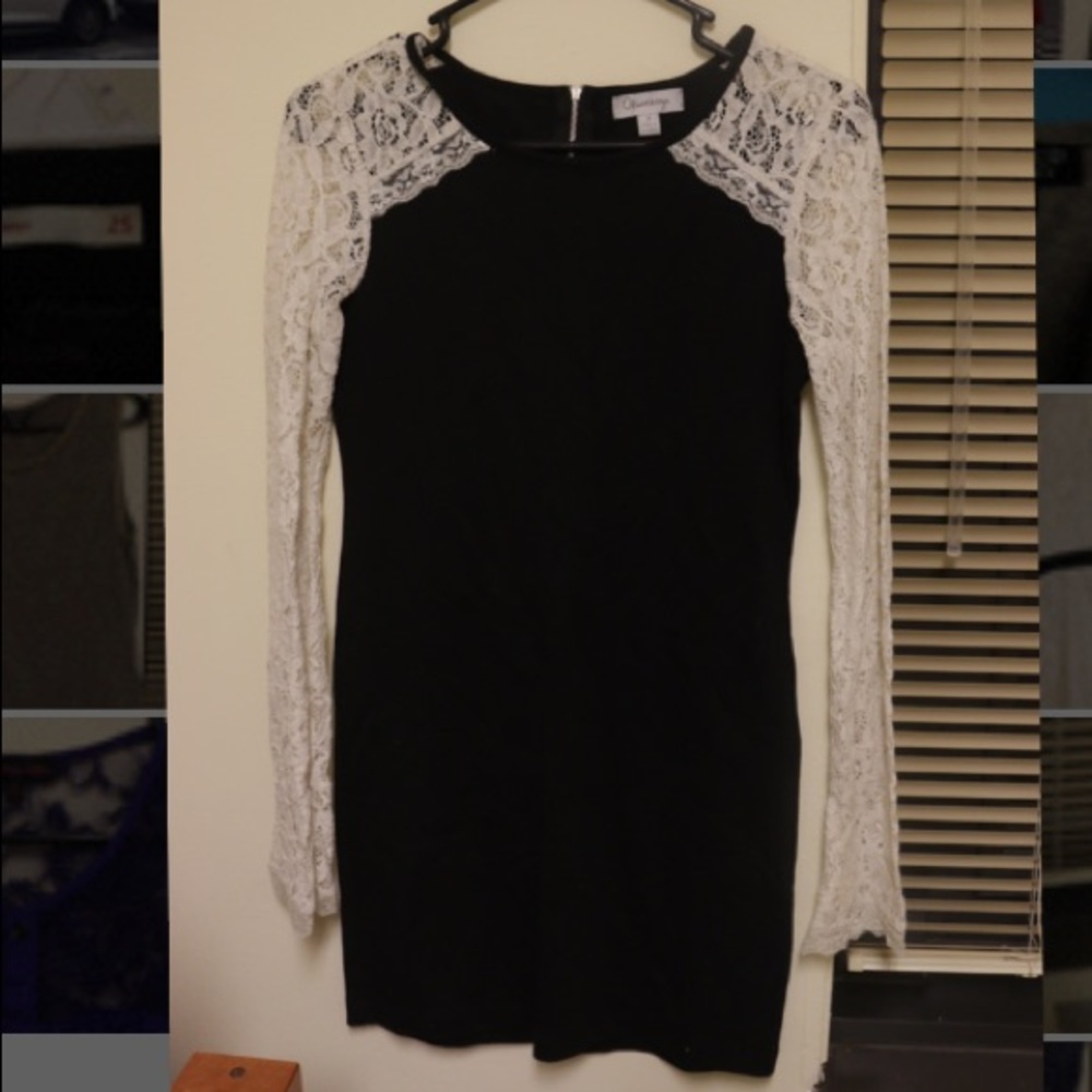 Formal Black Dress with White Lace Sleeves