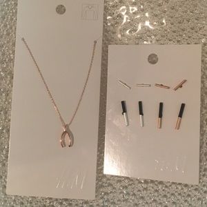 H&M NWT Rose Gold Necklace & Silver Bar Earrings