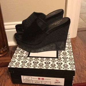 Velvet and snakeskin wedges