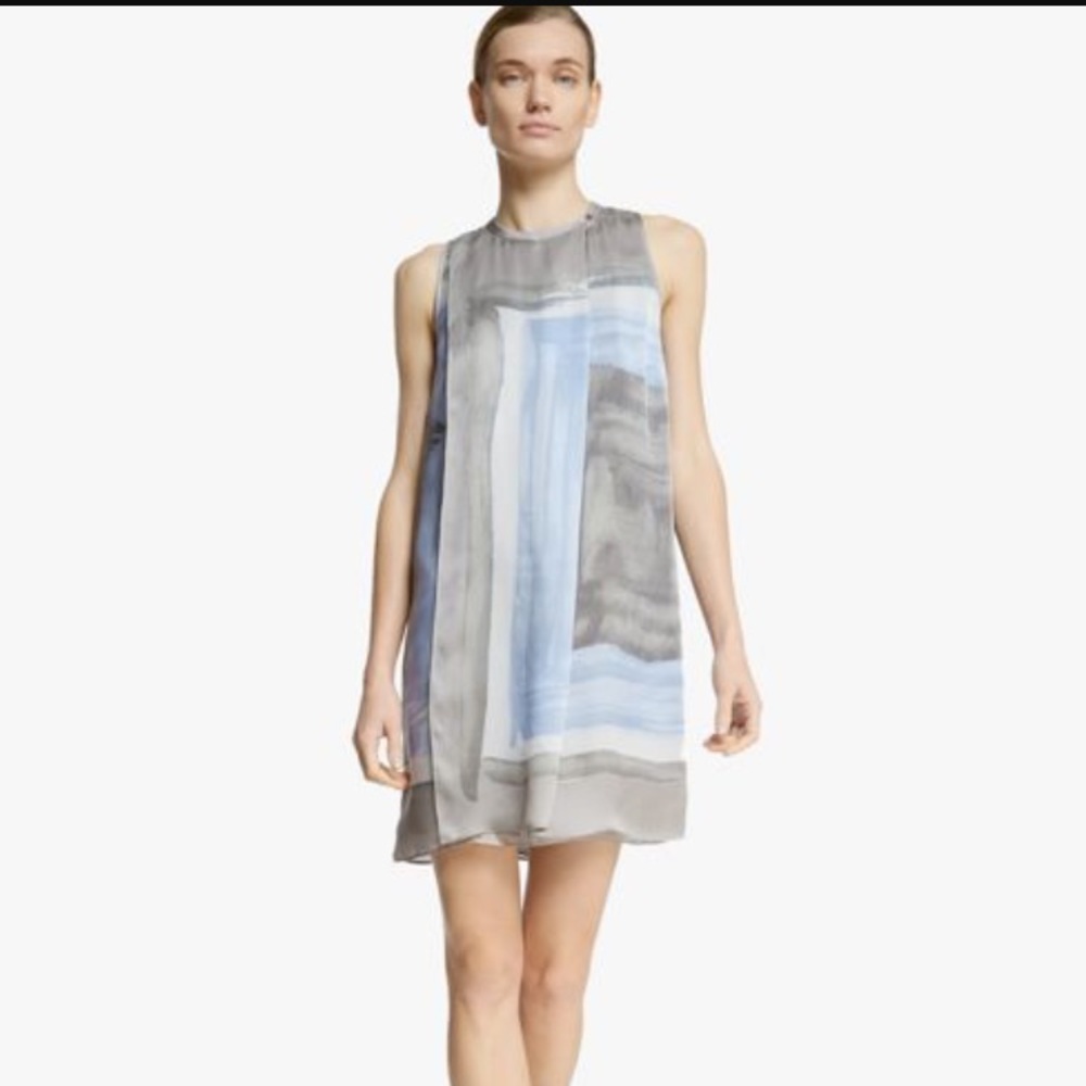 (Halston Heritage) Scarf Print Blue Silk Dress NWT