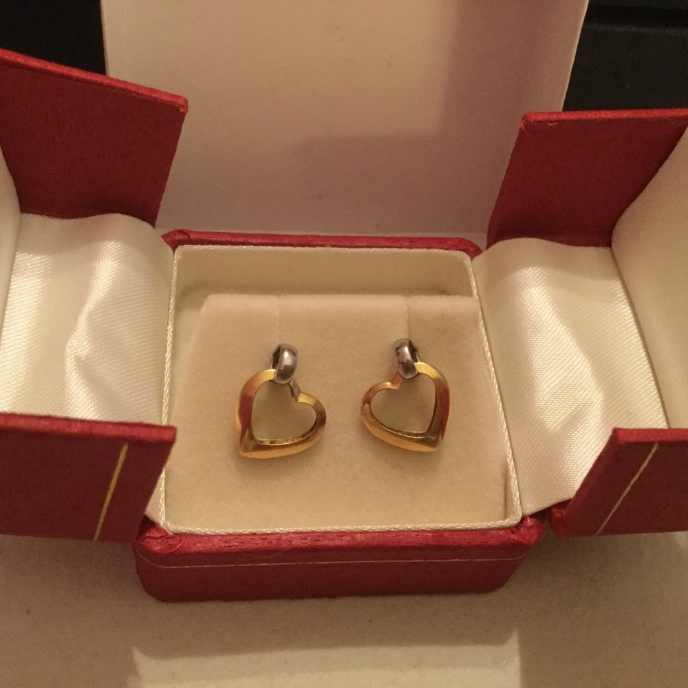 14K Dangling Heart Earrings 2Tone