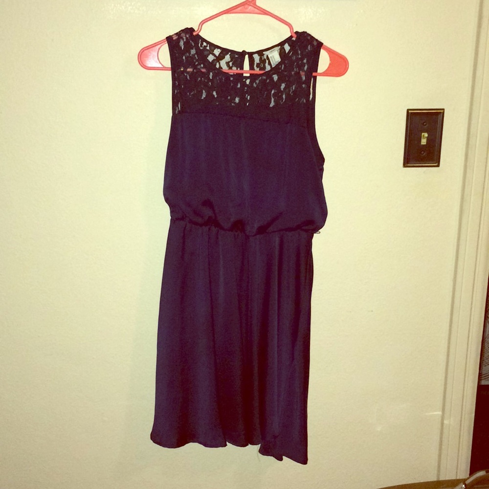 Navy dress with lace silhouette neck