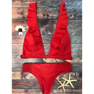 Red two piece swim suit