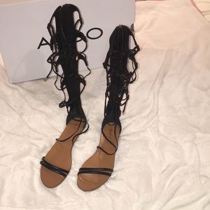 Black knee high lace up gladiator sandals by Aldo.