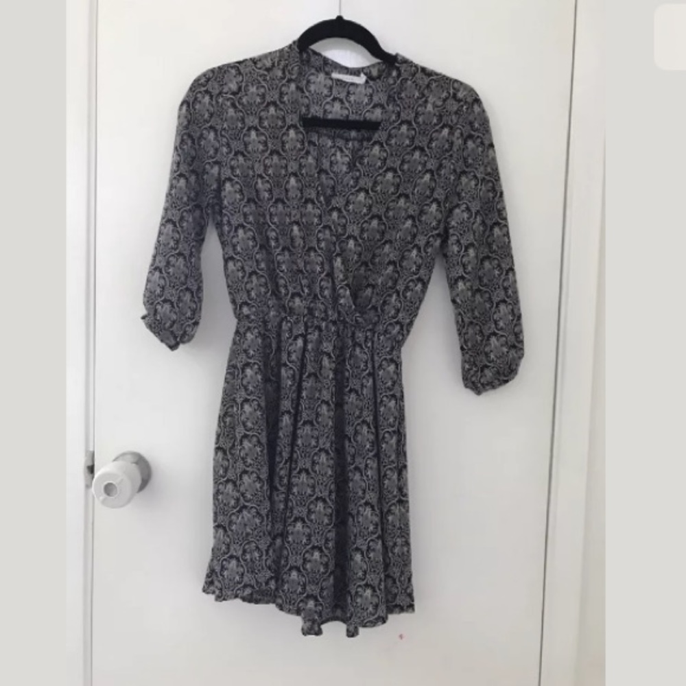 Lush Navy Print Dress V-Neck Semi 3/4 Sleeve XS