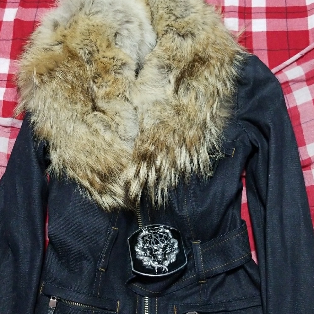 Rock and republic denim coat with fur neck