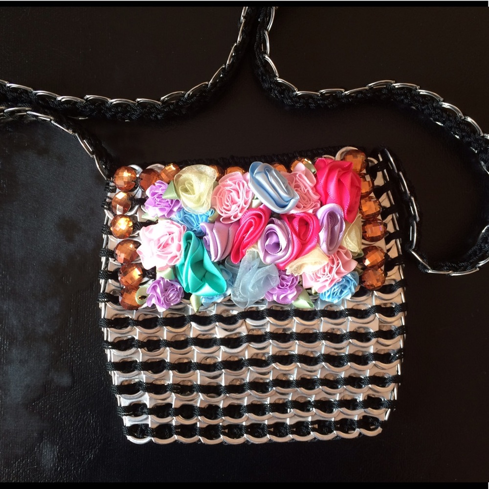 Metallic Embroidered flower silver purse bag