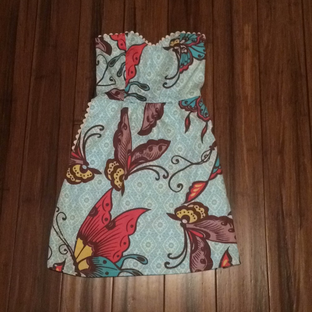 Judith March-Blue butterfly print dress.