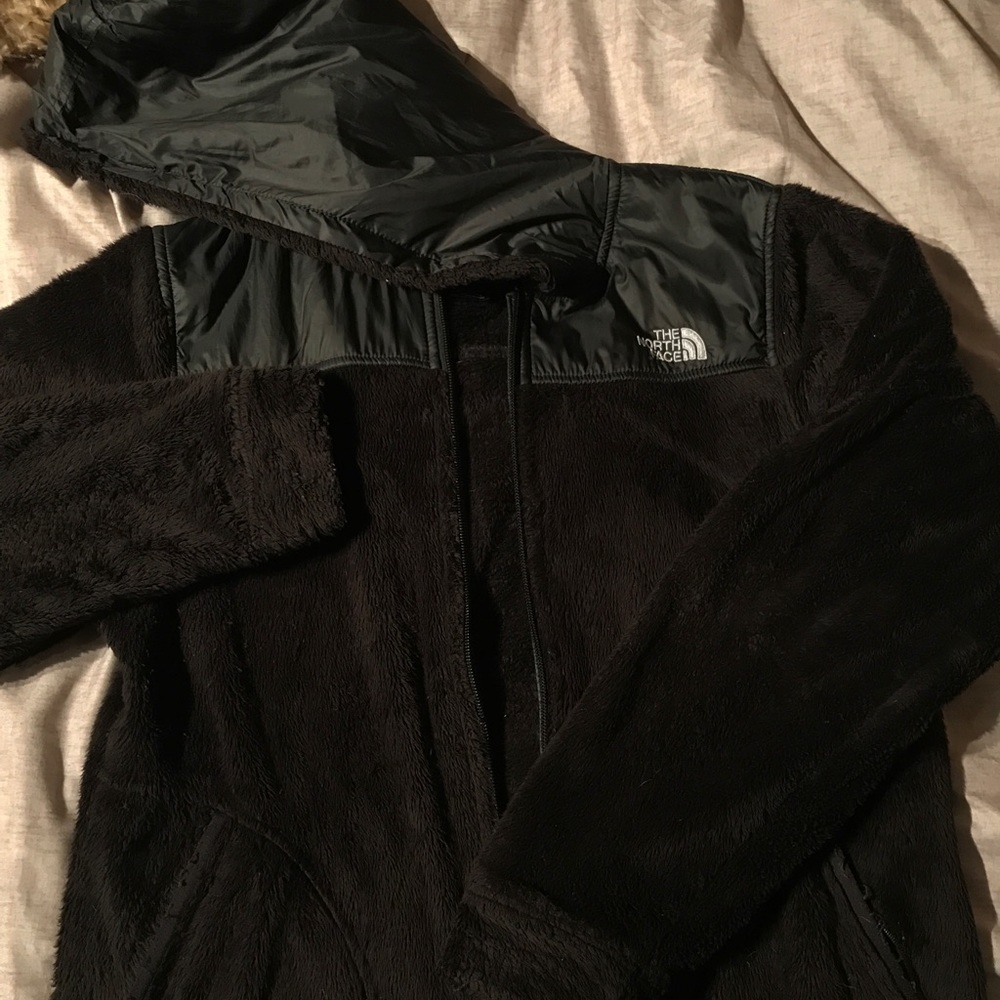 Black, hooded, fuzzy, North Face jacket