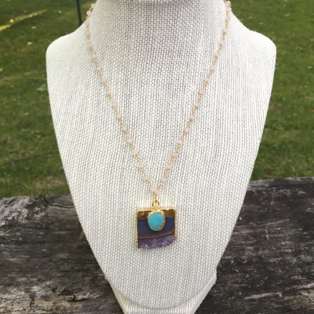 2 for $40 Amethyst Druzy w/ Turquoise Cabochon, Rosary Chain