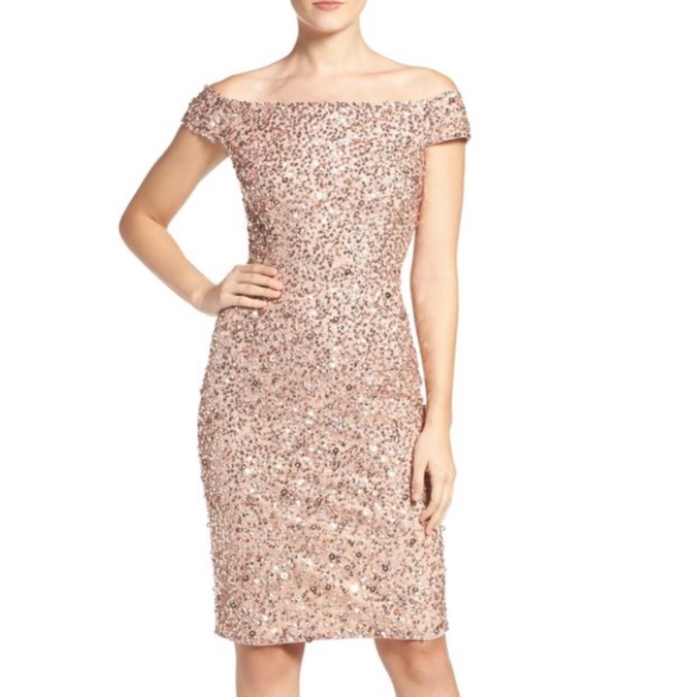 Rose gold sequin beaded off shoulder dress