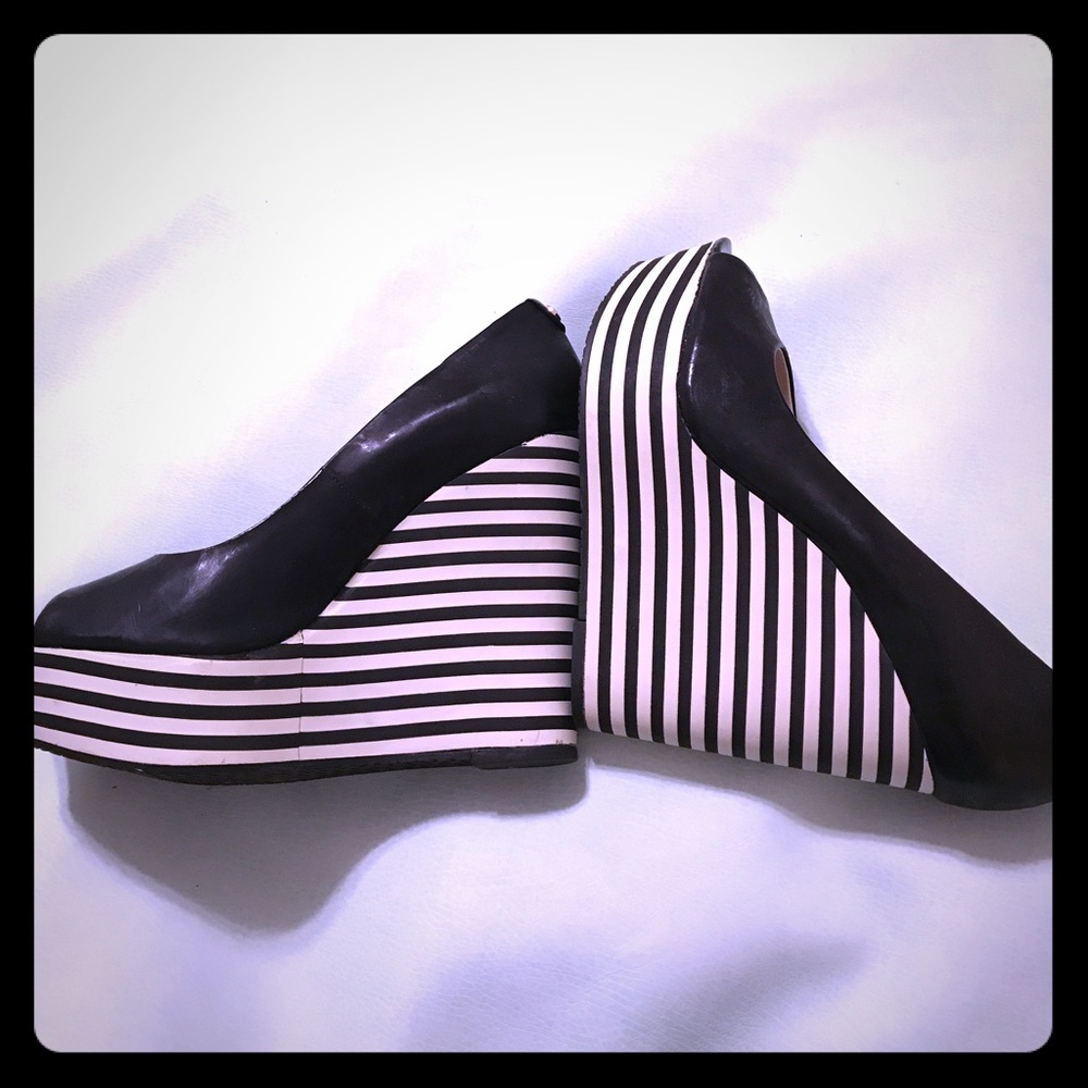 Michael Kors Black & White Stripe Platform Wedges