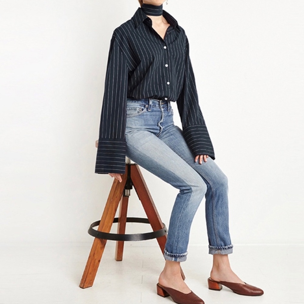 Solid Stripe Turn Down Collar Sleeve Shirt
