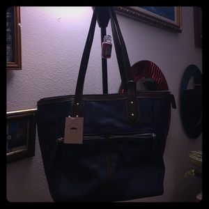 Blue and brown purse by bridge road