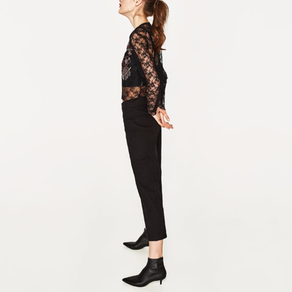 Zara Embroidered Lace T-Shirt S Black 0264/079 - Picture 4 of 7