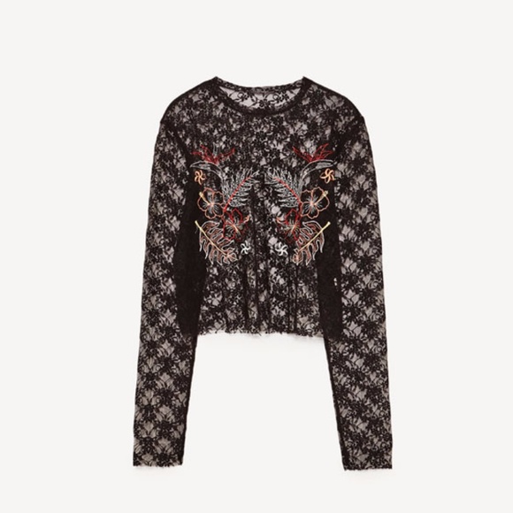 Zara Embroidered Lace T-Shirt S Black 0264/079 - Picture 7 of 7