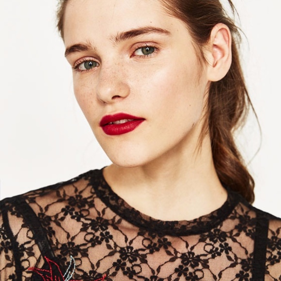 Zara Embroidered Lace T-Shirt S Black 0264/079 - Picture 3 of 7