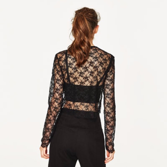 Zara Embroidered Lace T-Shirt S Black 0264/079 - Picture 5 of 7