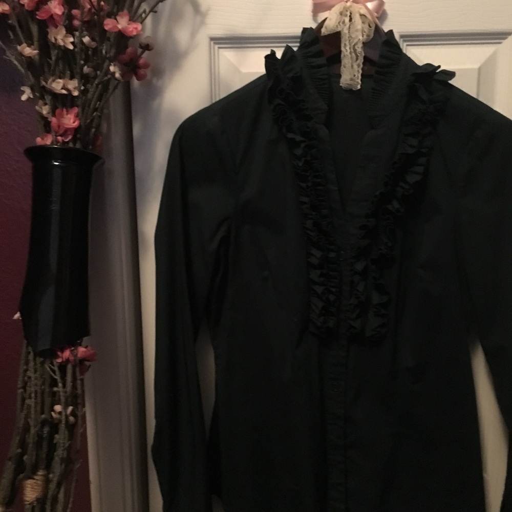Limited: dark green button up with ruffle detail