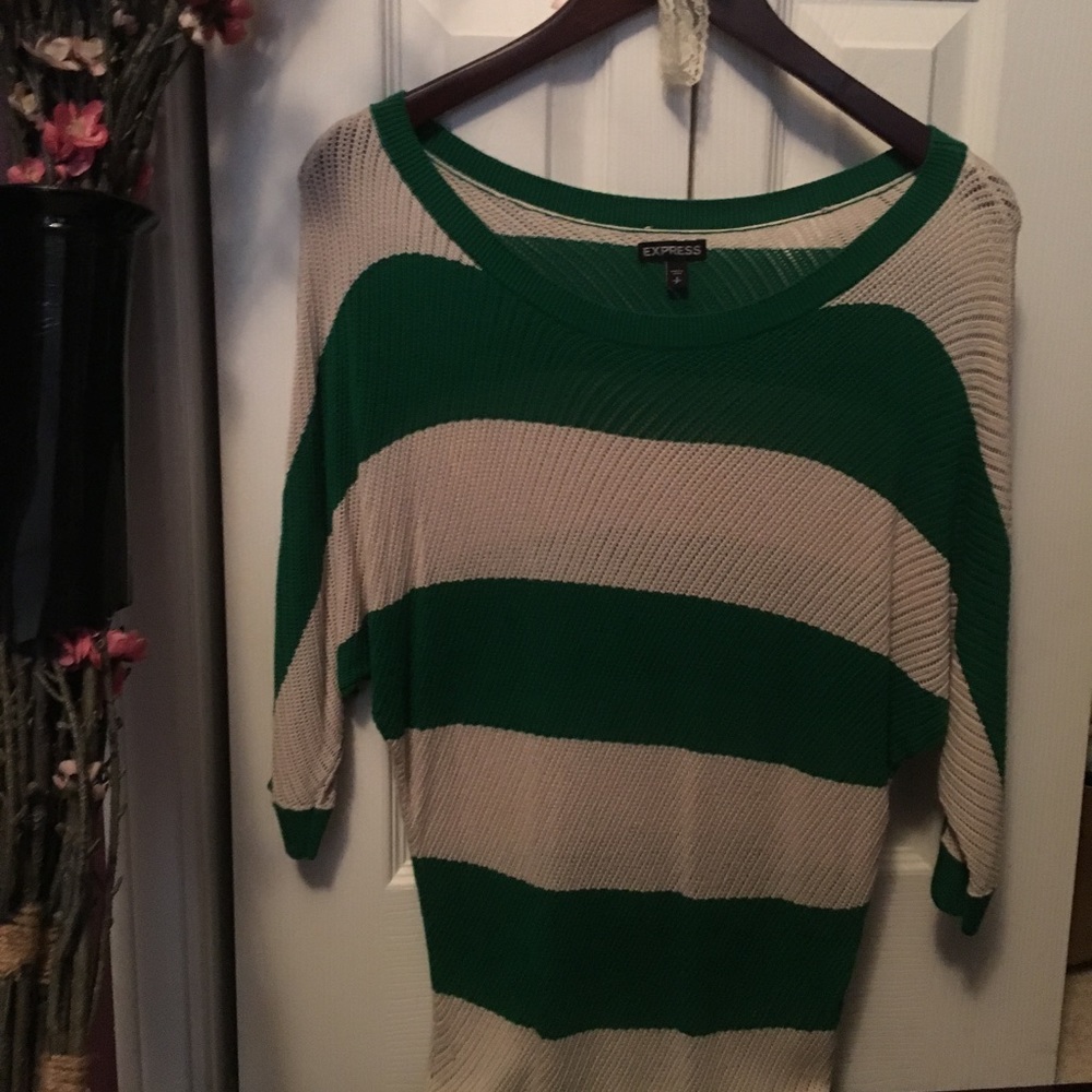 Express: knit off the shoulder green and cream top