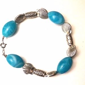 Silver Shell and Blue Bead Bracelet