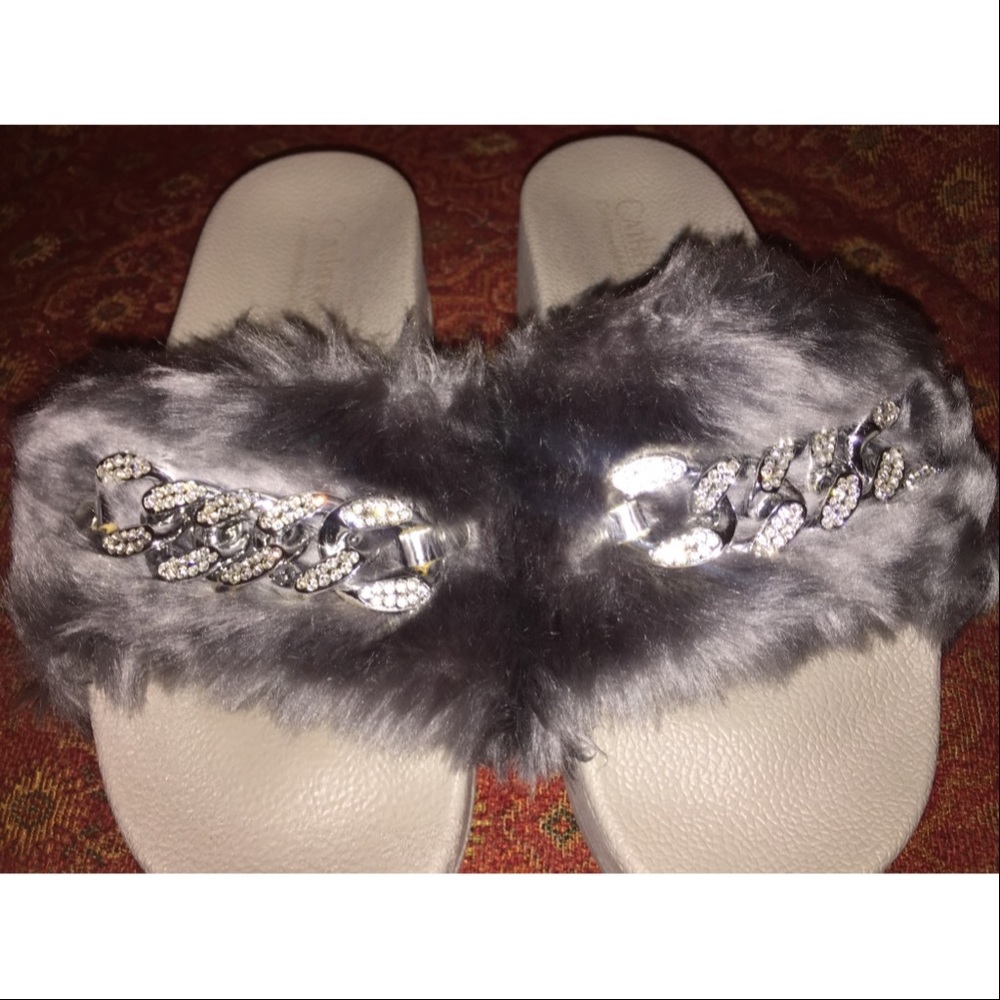 CATHERINE MALANDRINO grey fur chunk bling sandals!