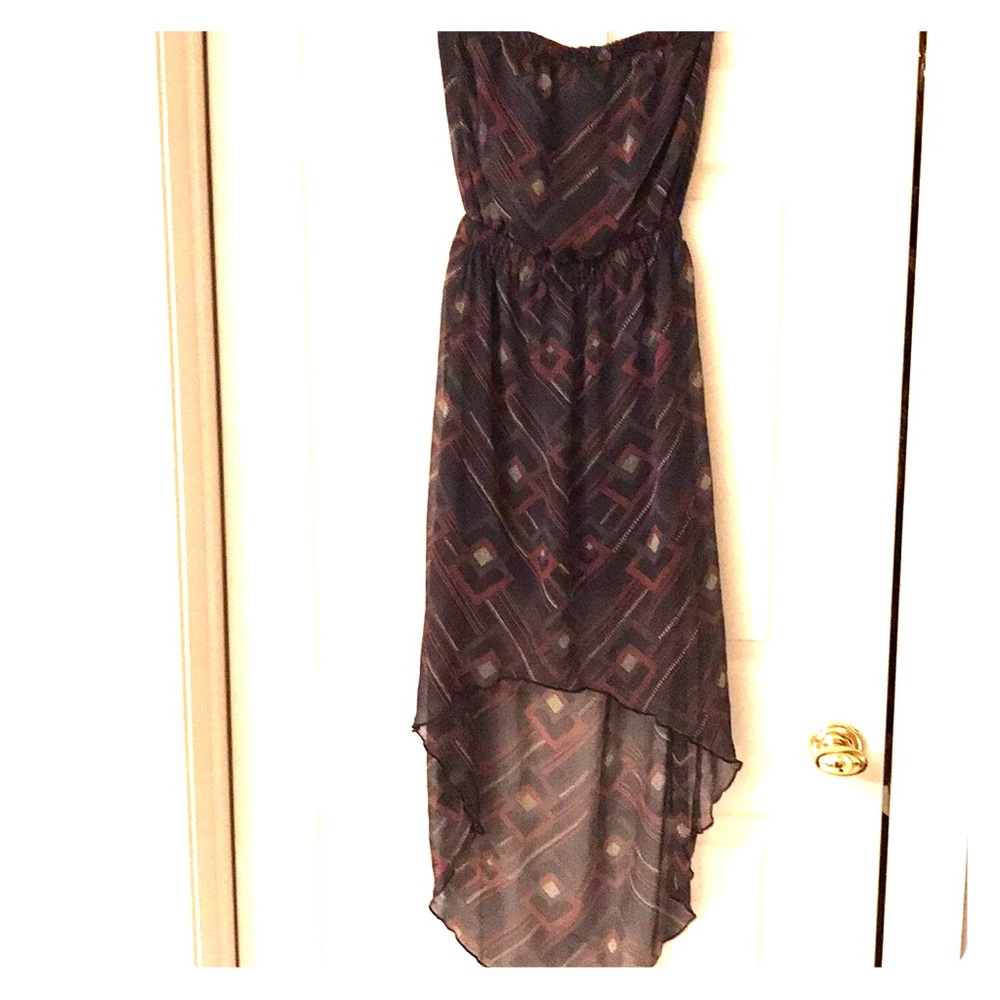 Olive green and rust strapless high low dress.