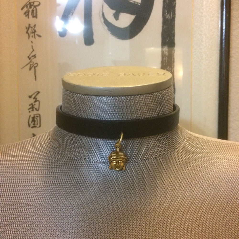 Black Leather Chocker with Gold Buddha Charm