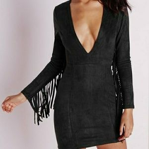 Black Faux Suede Fringe Sleeved Low Cut Mini Dress