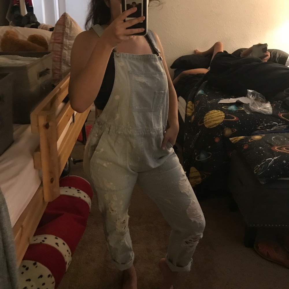 Striped denim overalls
