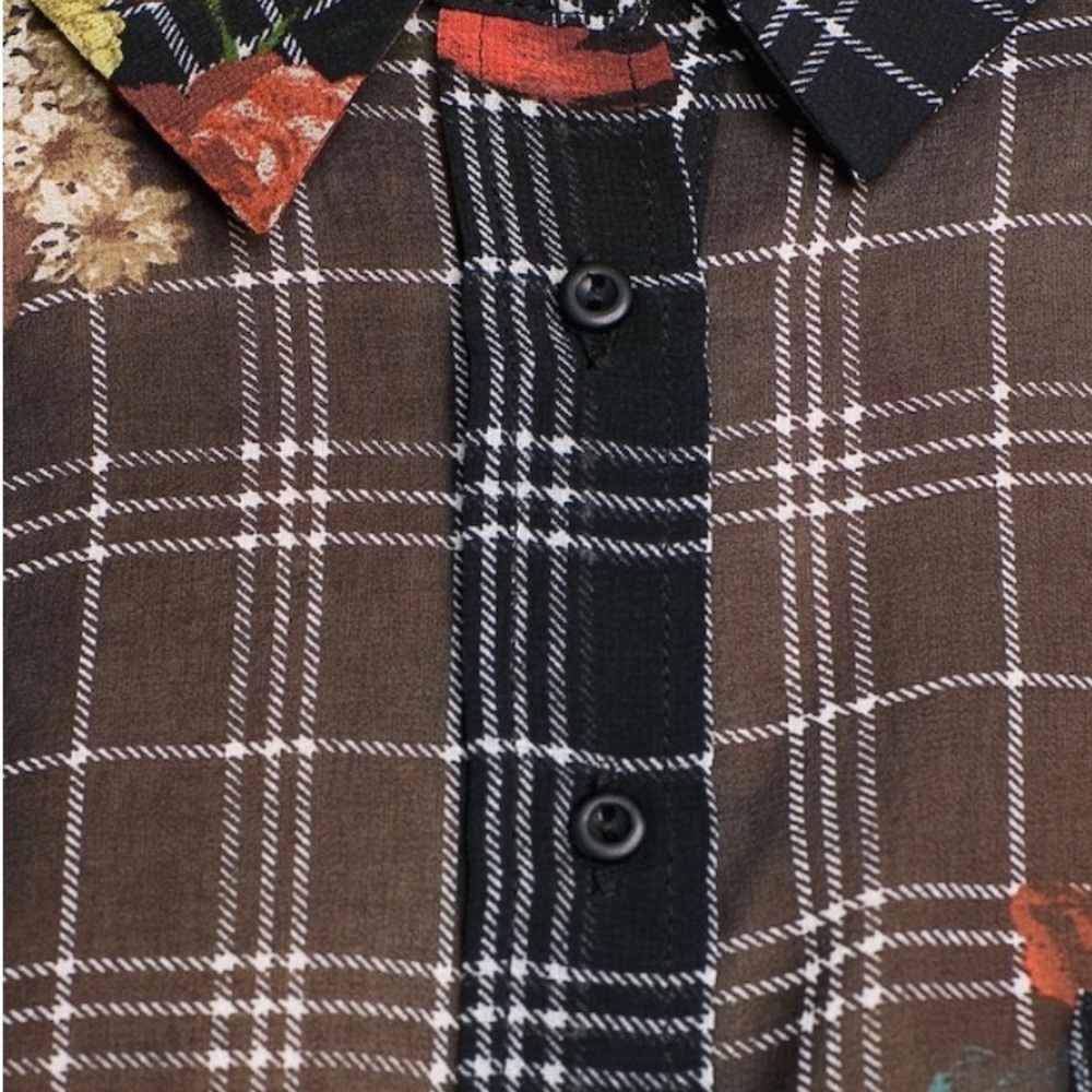 Plaid and floral print chiffon blouse with buttons - Picture 3 of 4