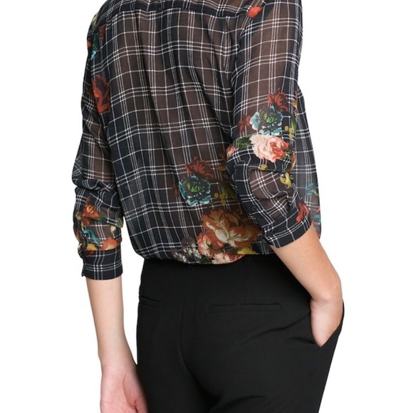 Plaid and floral print chiffon blouse with buttons - Picture 2 of 4