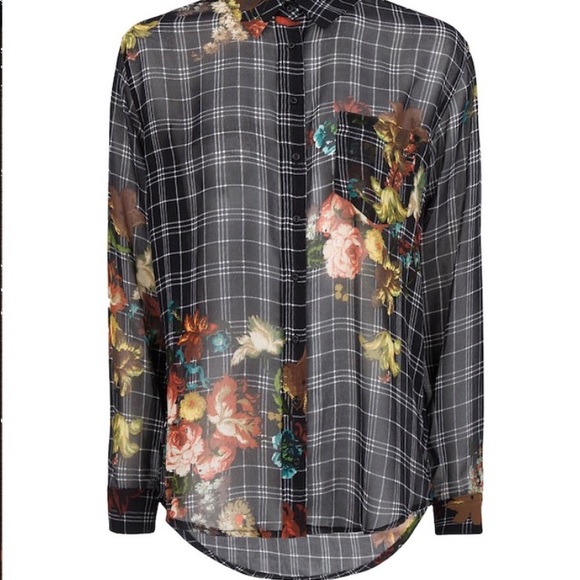 Plaid and floral print chiffon blouse with buttons - Picture 4 of 4