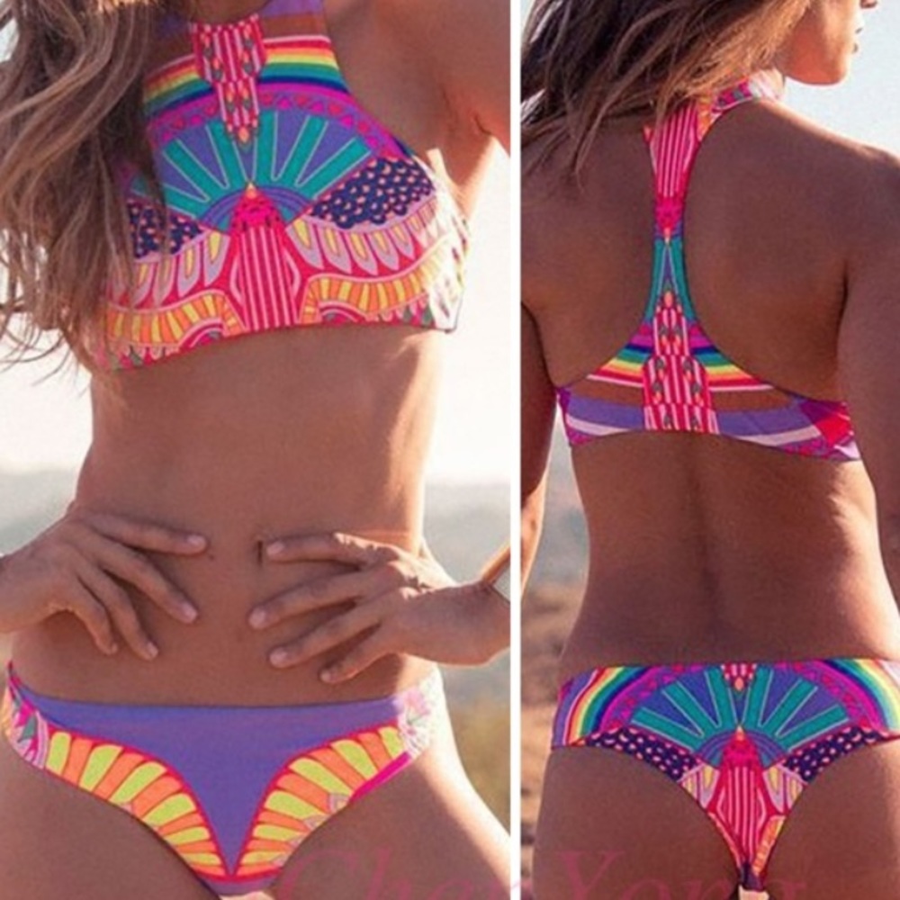 Halter Top Racer Back Bikini W/Cheeky Bottom-Built in Bra-Sz L & XL
